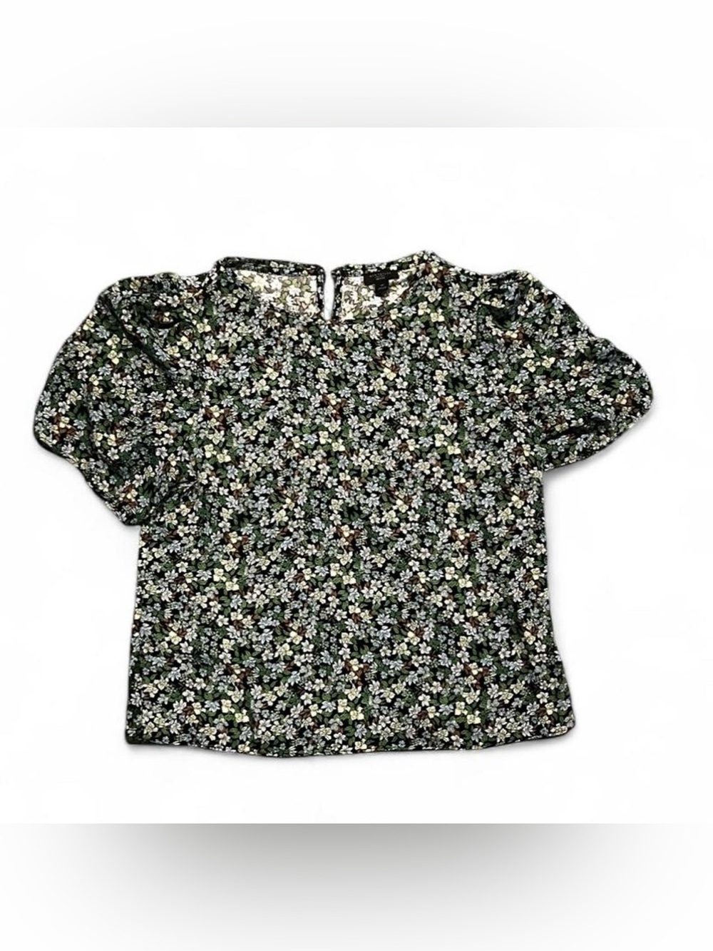 Floral Puff-Sleeve Blouse in Black and Green
